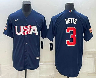 Men%27s USA Baseball #3 Mookie Betts 2023 Navy World Baseball Classic Stitched Jerseys